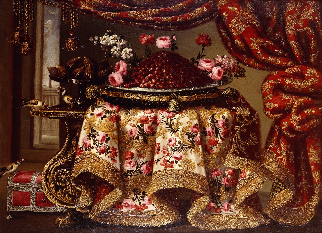 Ein Teller Erdbeeren mit Blumen auf einem Kissen und eine Tazza Feigen auf einem mit besticktem Tuch bedeckten Tisch, mit Vögeln und Truhe neben einem Vorhang und Fenster von Antonio Gianlisi