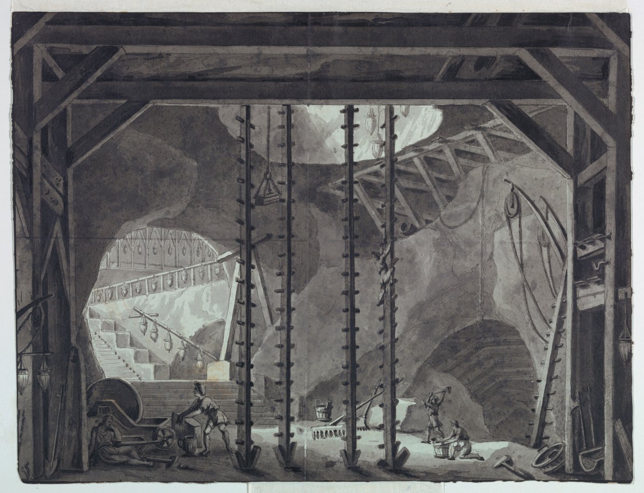 Bühnenbild, Männer bauen Gebäude in einer Höhle von Antonio Giuseppe Basoli