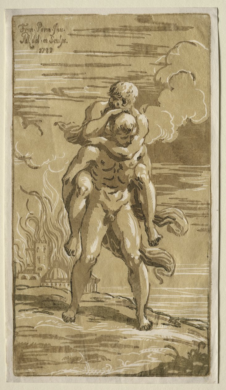 Eneas trägt Anchises, seinen Vater, aus dem brennenden Troja von Antonio Maria I Zanetti