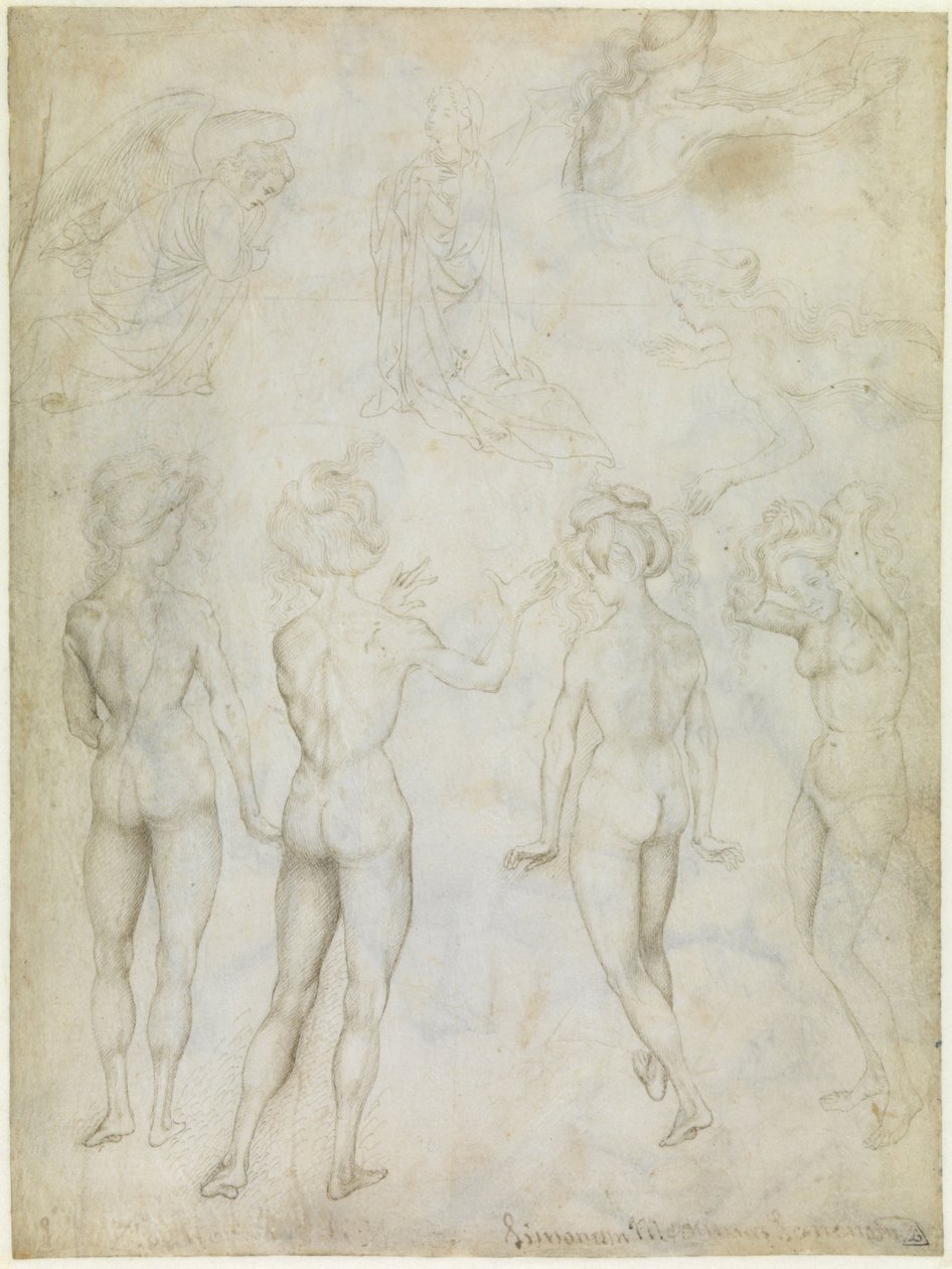 Vier Studien eines weiblichen Aktes, eine Verkündigung und zwei Studien einer schwimmenden Frau, um 1425 von Antonio Pisanello