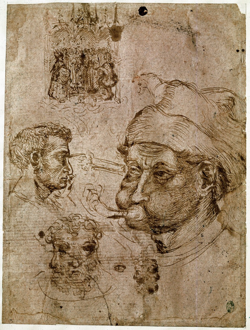 Vier Männerköpfe, zwei davon mit drei Gesichtern. Ein Altarbild. Ein Pferd. Zeichnungen aus der Werkstatt von Antonio di Puccio Pisano, genannt Pisanello (1395-1455). Braune Tinte, Feder (Zeichnung), Blut. Dim: 27,1x20,5cm. Louvre, Kabinett der Medaillen von Antonio Pisanello