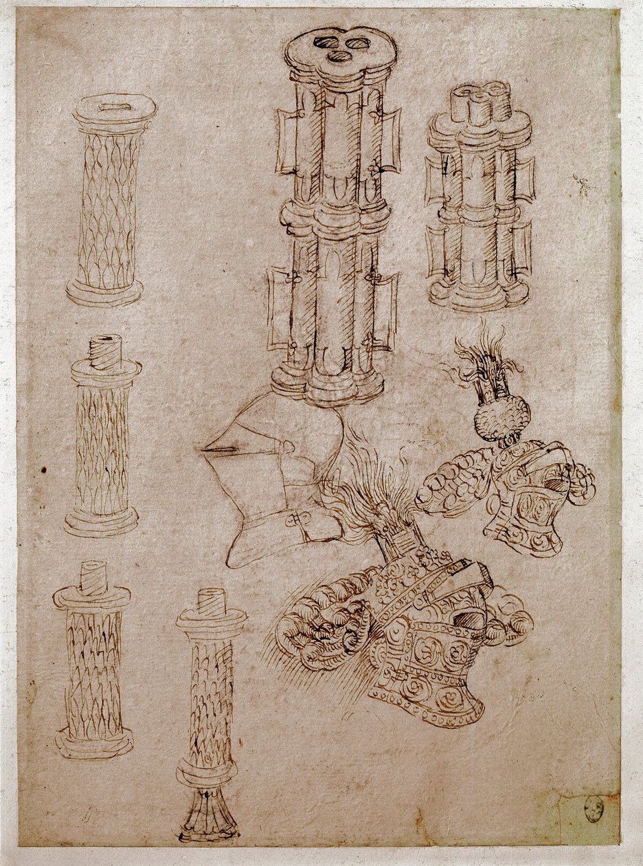 Drei Helme mit Kämmen und zwei zerstörte Kanonenstücke von Antonio Pisanello