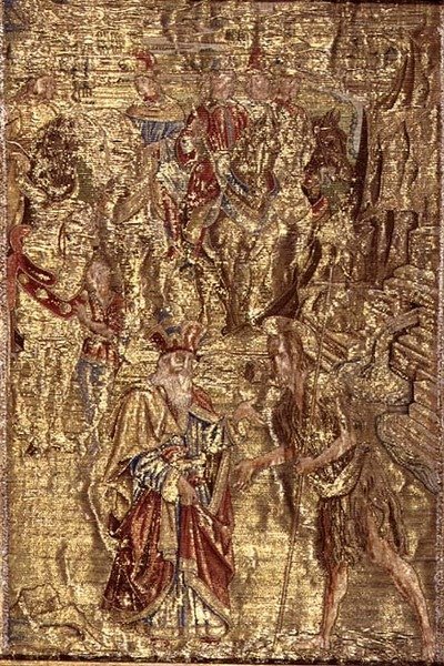 Das Treffen zwischen St. Johannes dem Täufer und dem Hohepriester, Wandteppich, der Szenen aus dem Leben des Heiligen darstellt von Antonio Pollaiuolo