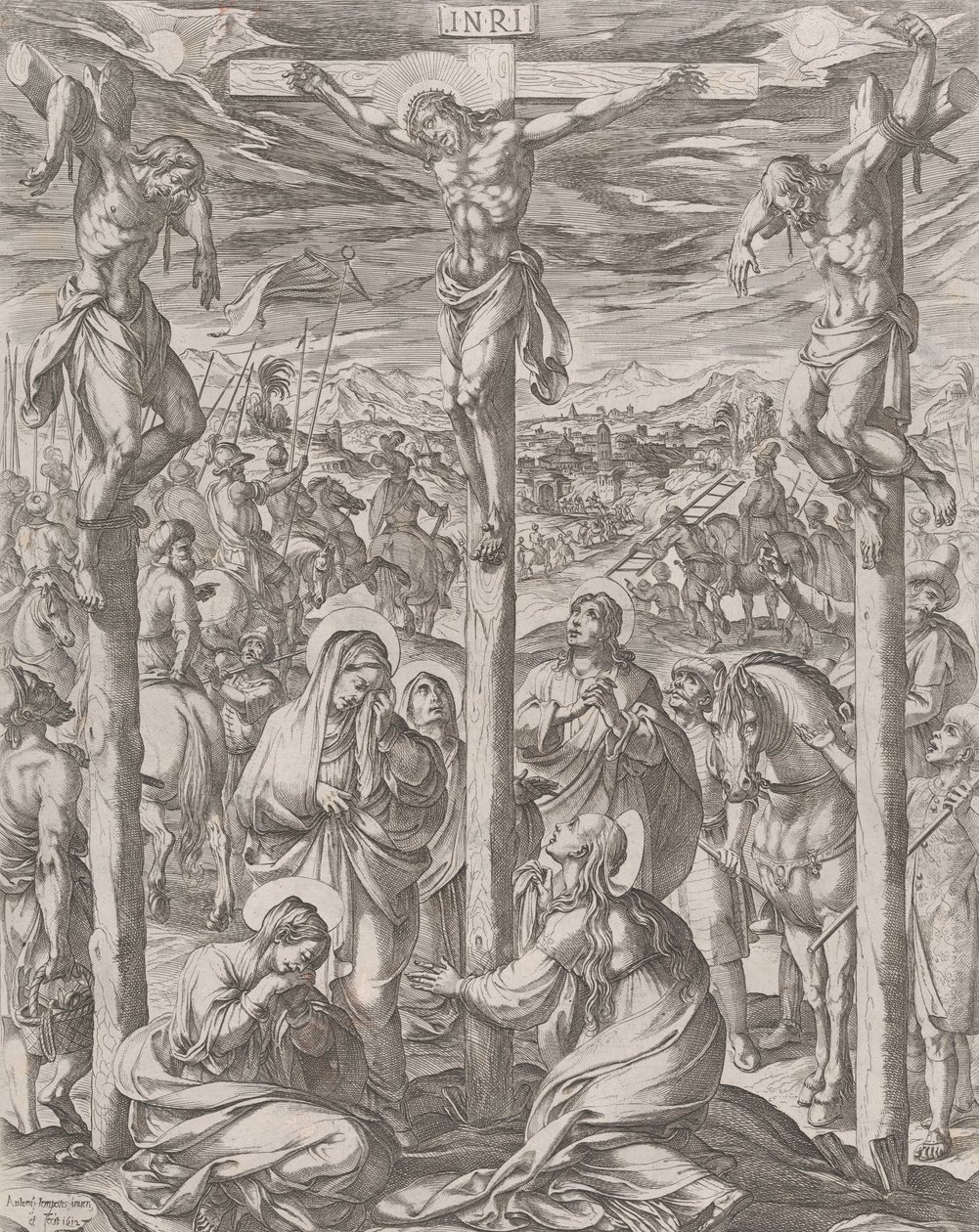 Christus gekreuzigt zwischen den beiden Dieben, die drei Marien am Fuß des Kreuzes, 1612 von Antonio Tempesta
