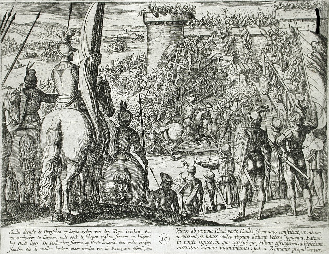 Civilis benutzt bewegliche Holzbrücken, um eine Festung anzugreifen von Antonio Tempesta