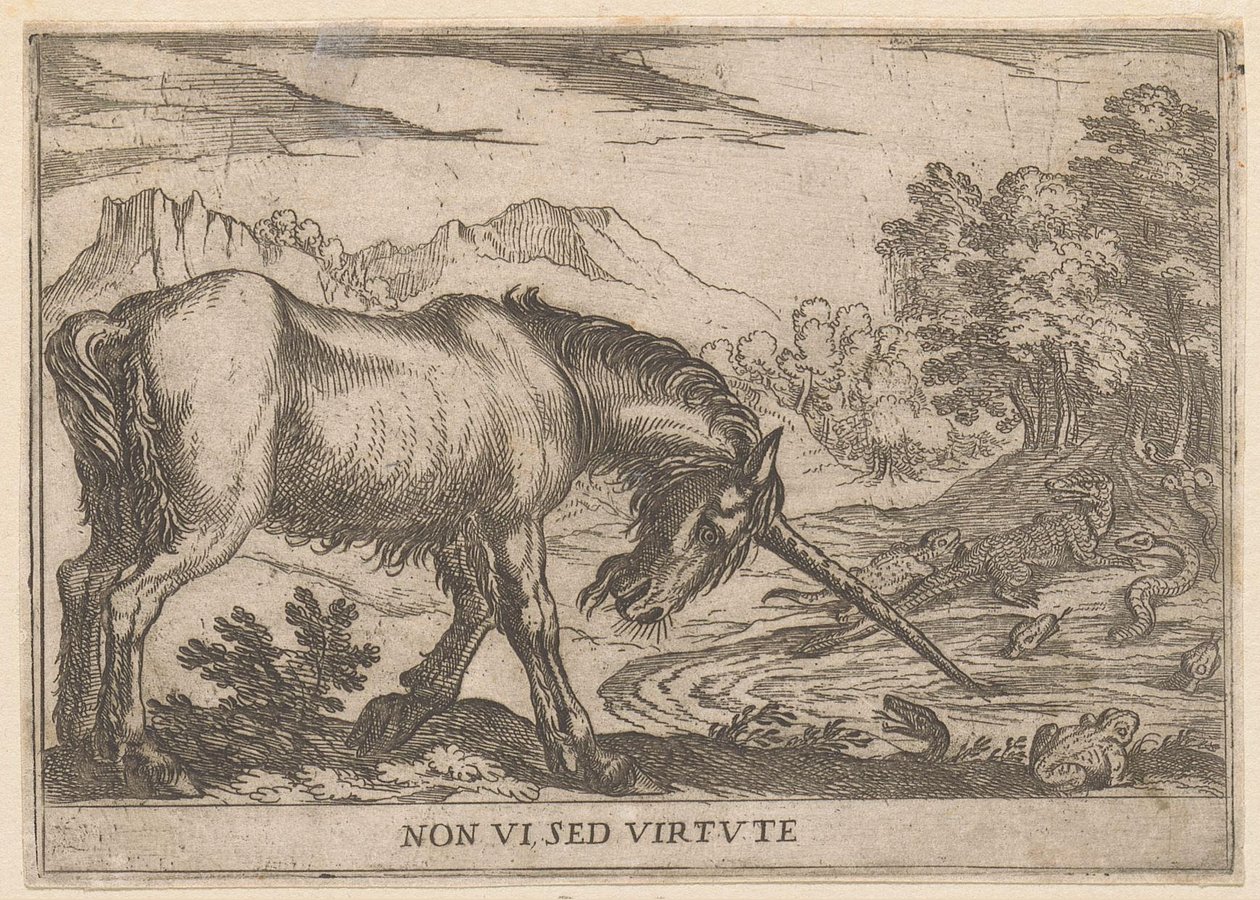 Ein Einhorn vertreibt Eidechsen aus einem Teich von Antonio Tempesta