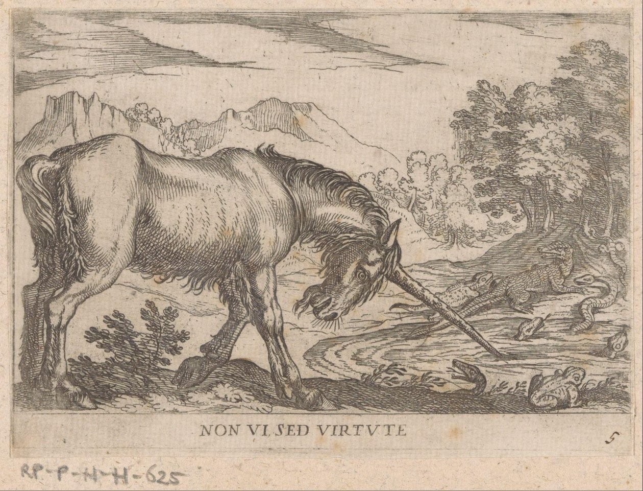 Ein Einhorn vertreibt Eidechsen aus einem Teich von Antonio Tempesta