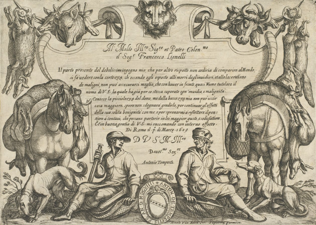 Frontispiz mit Jägern, Hunden und Pferden (aus 