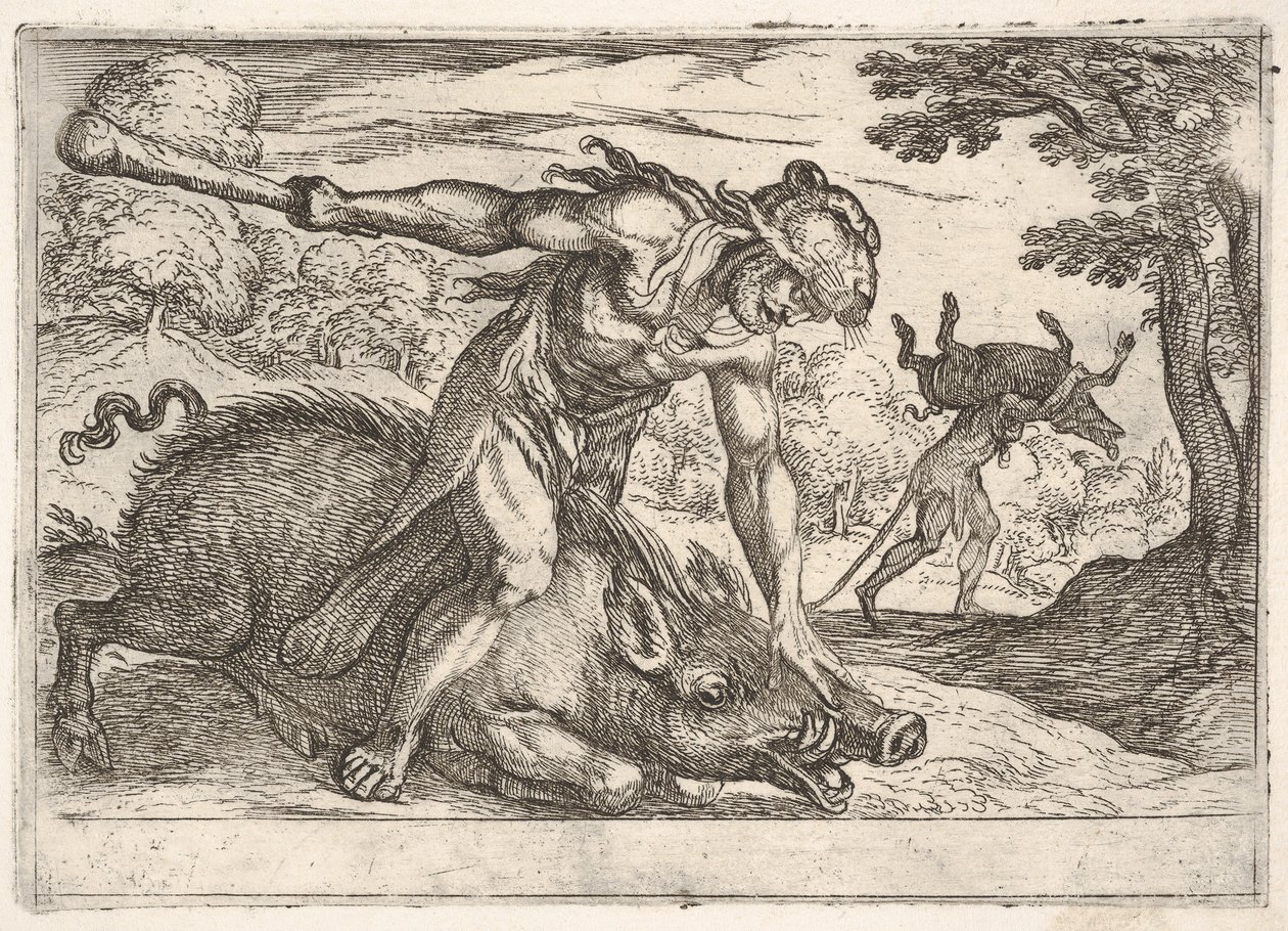 Herkules und der Erymanthische Eber: Herkules hält die Schnauze des Ebers mit seiner linken Hand nieder (1608) von Antonio Tempesta