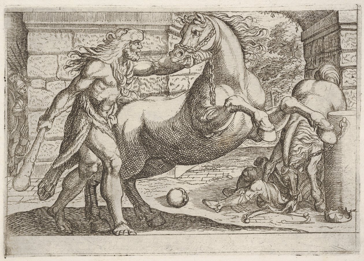 Herkules und die Pferde des Diomedes: Herkules ergreift die Zügel eines steigenden Pferdes, ein zweites..., 1608 von Antonio Tempesta