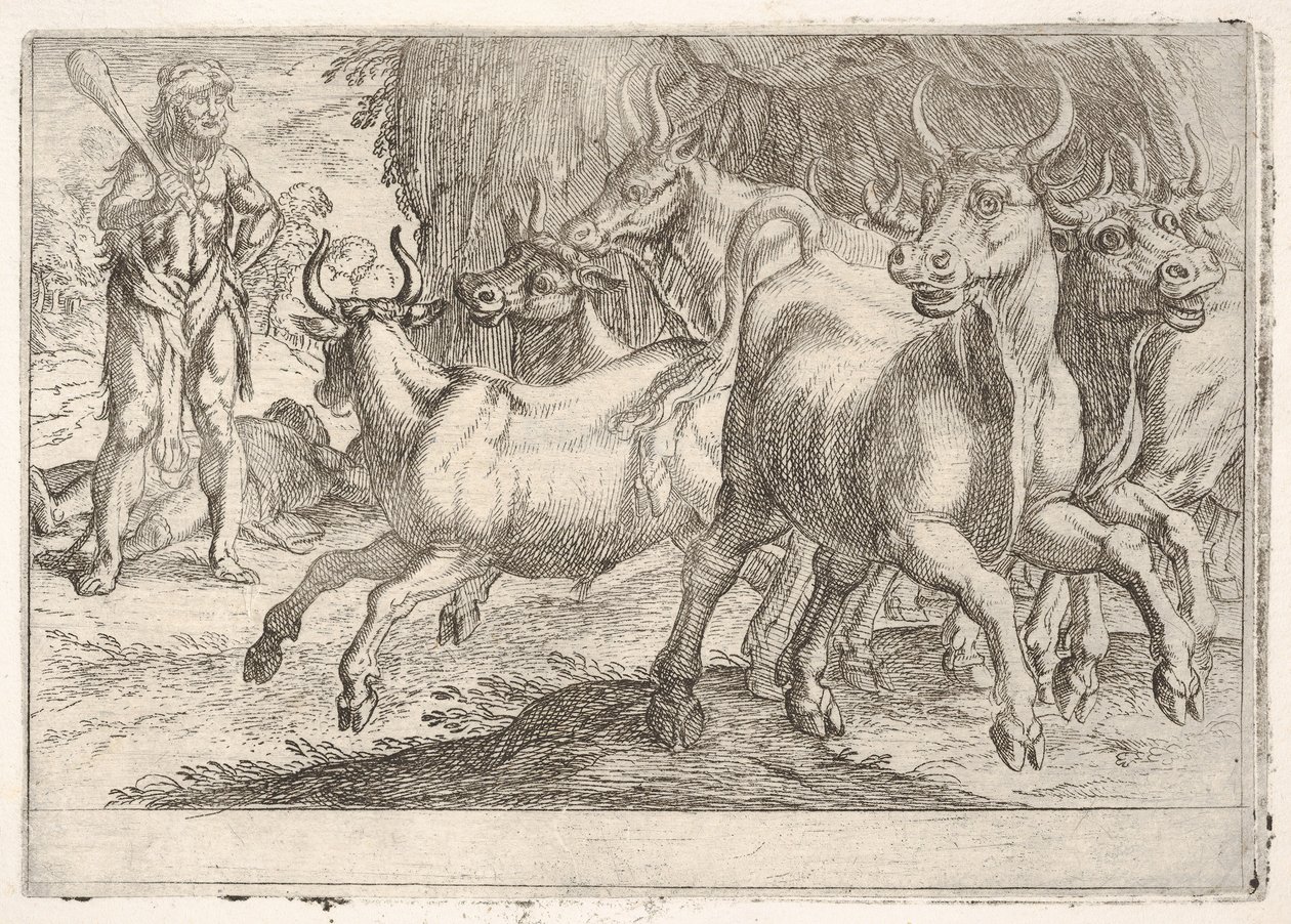 Herkules und die Rinder des Geryones: mit einem erhobenen Keule in seiner rechten Hand, Herkules konfrontiert, 1608 von Antonio Tempesta