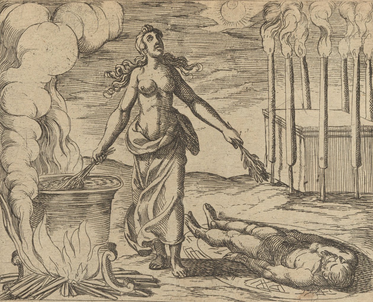 Medea stellt Aesons Jugend wieder her, veröffentlicht nach 1606 von Antonio Tempesta