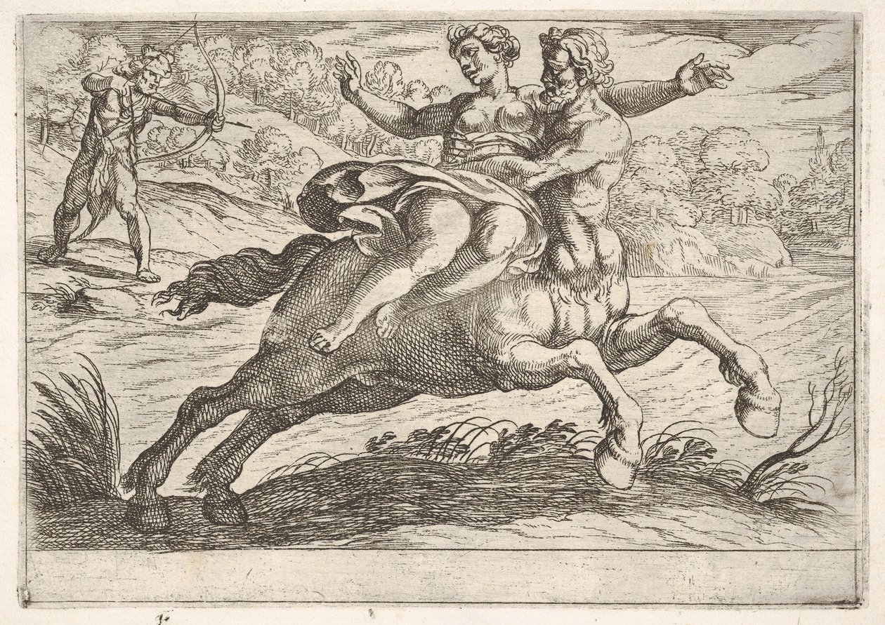 Nessus versucht, Dejanira von Herkules zu nehmen: Nessus hält Dejanira auf seinem Rücken ..., 1608 von Antonio Tempesta