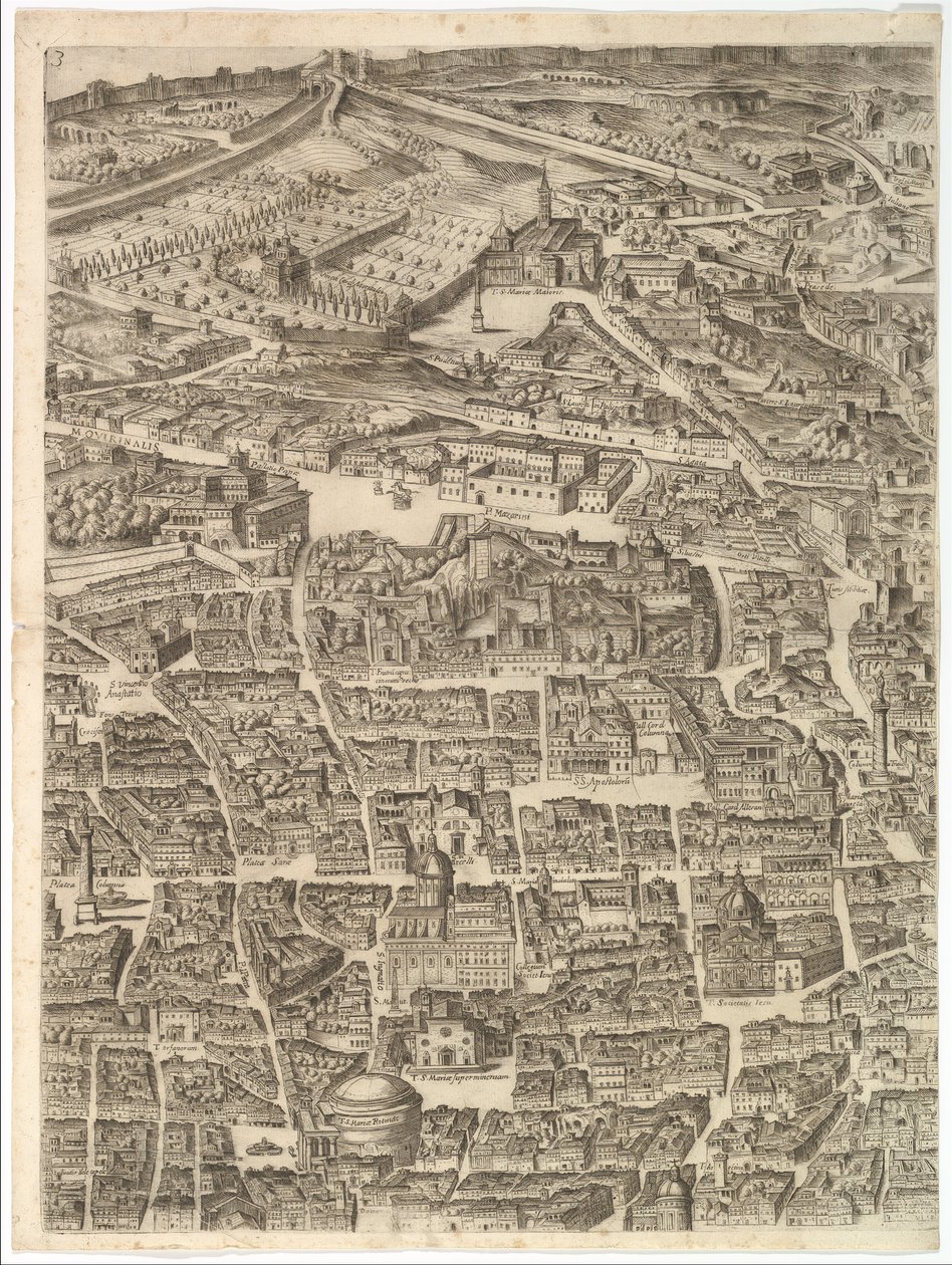 Plan der Stadt Rom. Teil 3 mit der Santa Maria Maggiore, dem Pantheon und Trajans..., 1645 von Antonio Tempesta