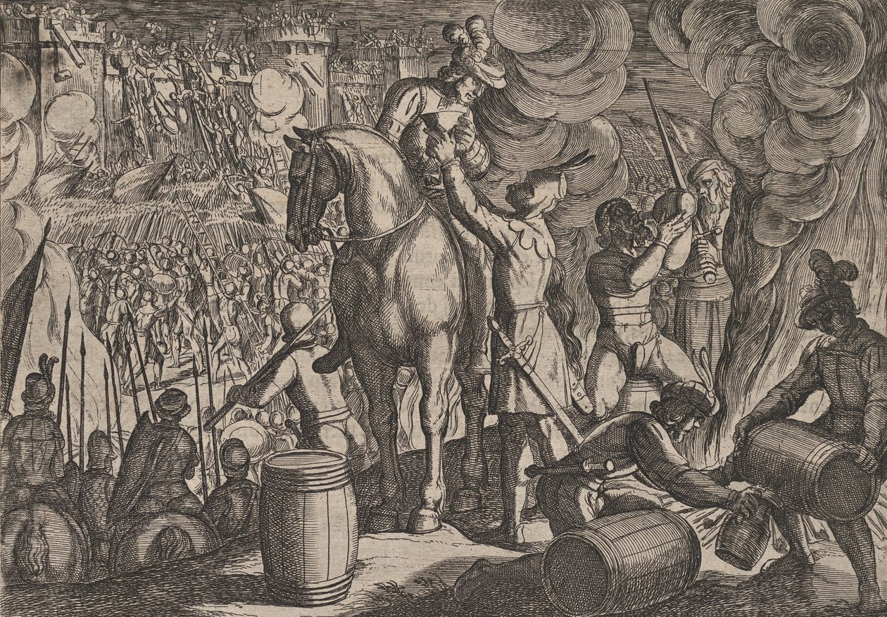 Platte 13: Angriff auf die römische Festung bei Nacht, aus Der Krieg der Römer gegen die Ba... von Antonio Tempesta