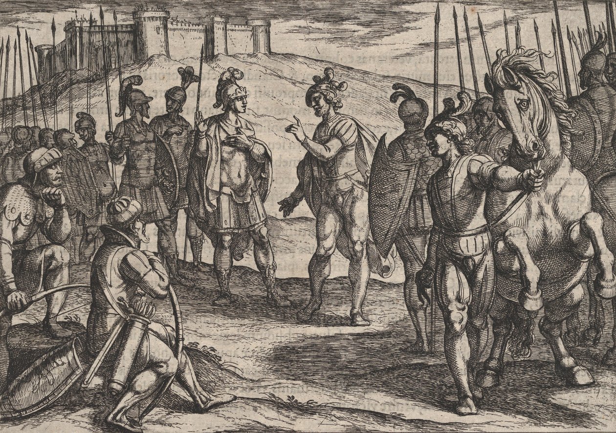 Tafel 15: Civilis verhandelt mit einem römischen Kommandanten, aus Der Krieg der Römer gegen die ..., 1611 von Antonio Tempesta
