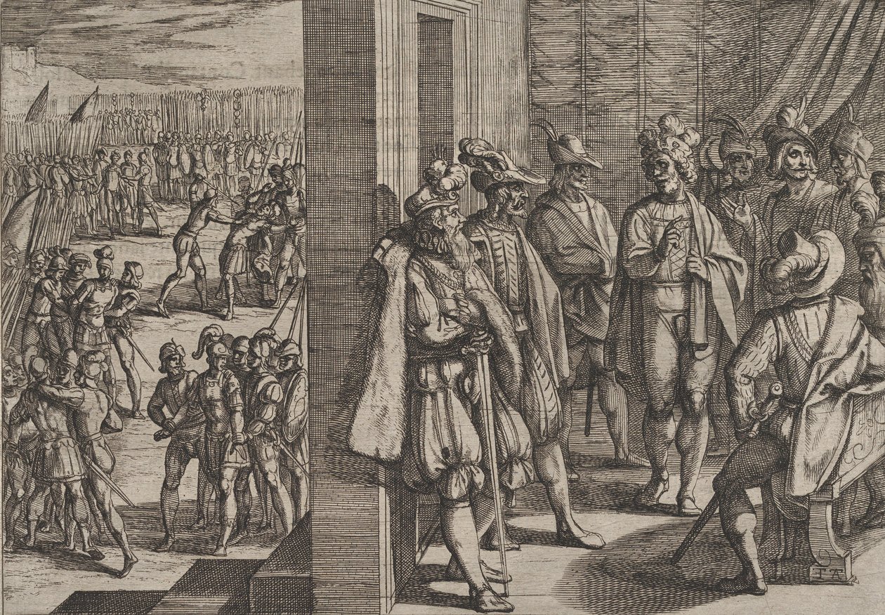 Tafel 18: Geheimes Treffen von Civilis mit anderen Führern aus Trier, aus Der Krieg der Römer, 1611 von Antonio Tempesta