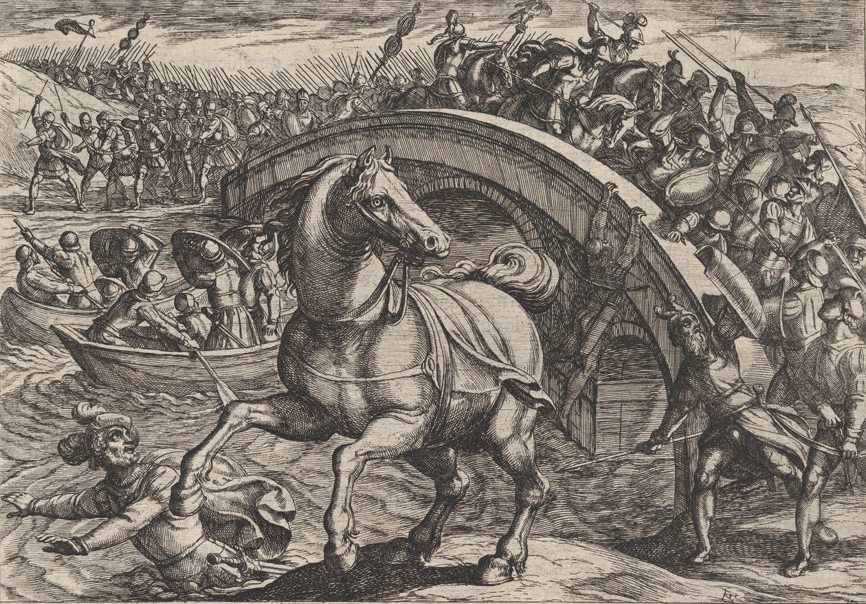 Civilis gezwungen abzusteigen und den Fluss zu durchschwimmen, aus Der Krieg der Römer, 1611 von Antonio Tempesta
