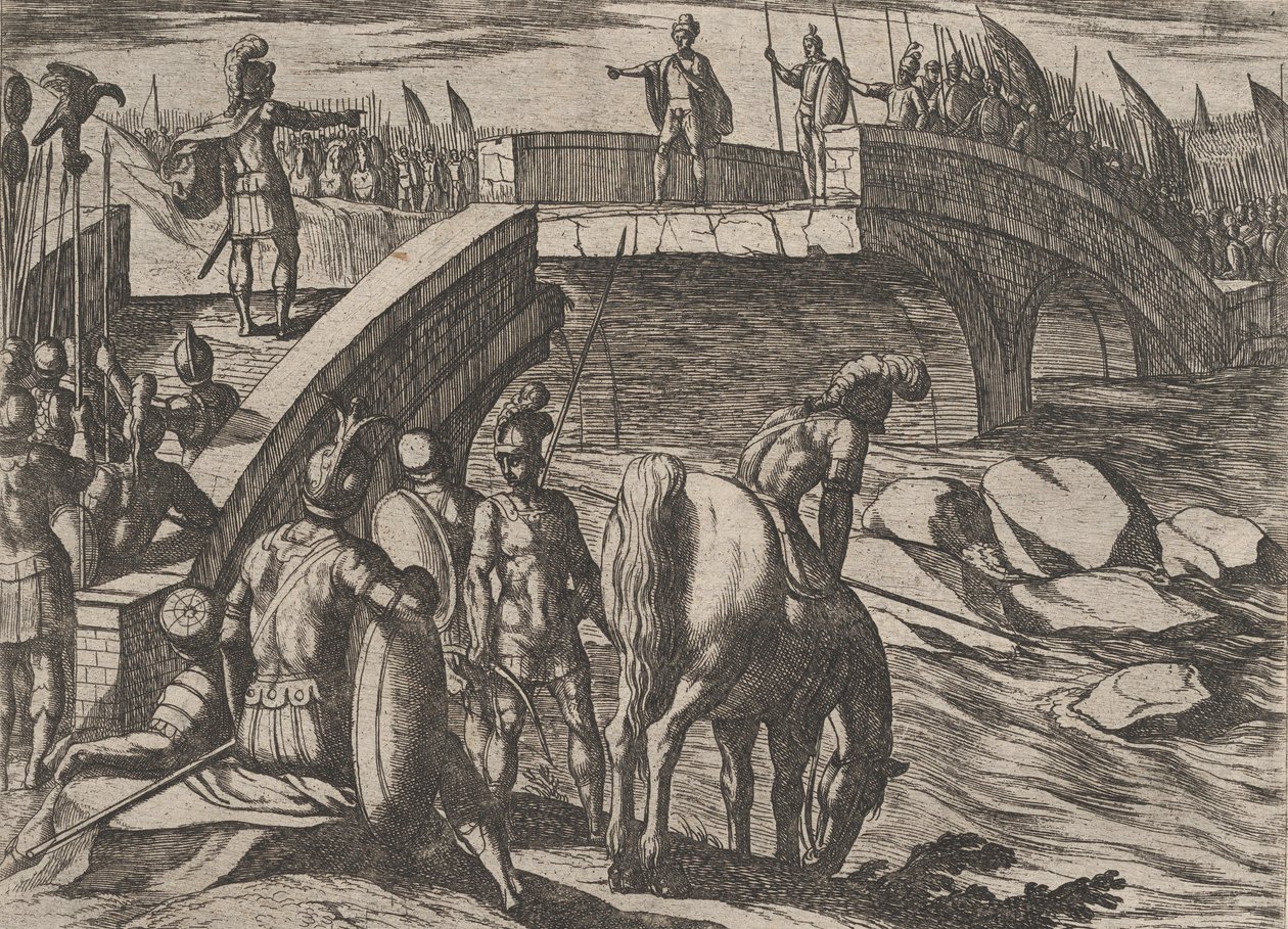 Tafel 36: Civilis und Cerialis treffen sich auf einer zerstörten Brücke, um eine Einigung zu erzielen, aus Der Krieg der..., 1611 von Antonio Tempesta