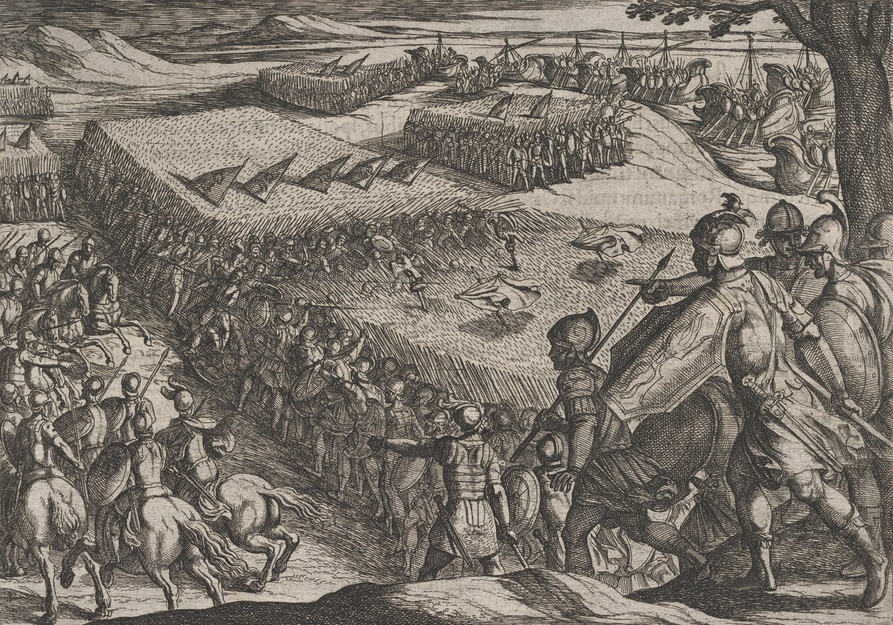Tafel 6: Römer besiegt in der Nähe des Rheins, aus Der Krieg der Römer gegen die Bataver von Antonio Tempesta