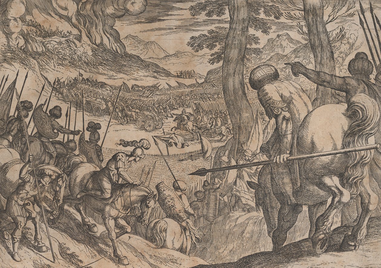 Tafel 8: Alexander umzingelt die feindlichen Truppen mit Feuer, aus Die Taten Alexanders von Antonio Tempesta