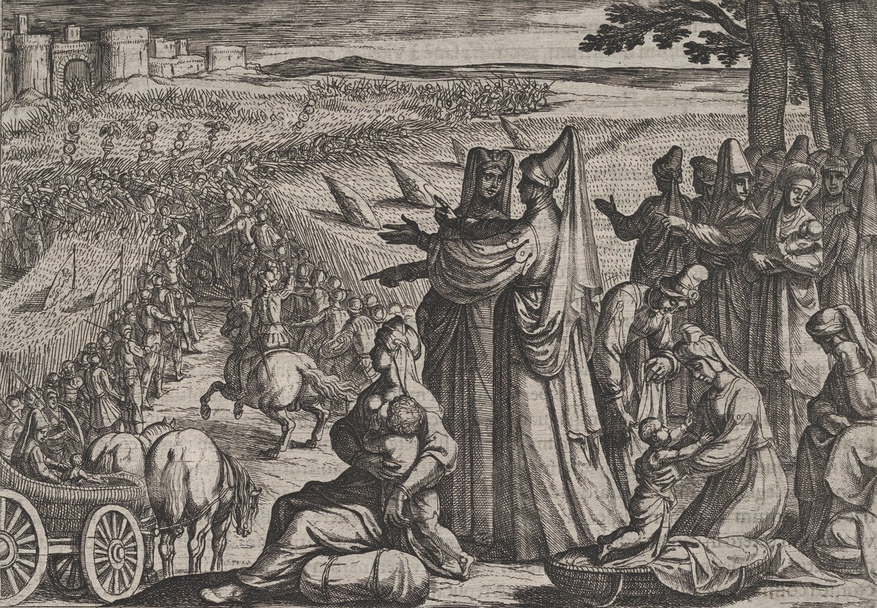 Tafel 8: Frauen und Kinder beobachten Civilis, der gegen die Römer kämpft, aus Der Krieg der Römer..., 1611 von Antonio Tempesta