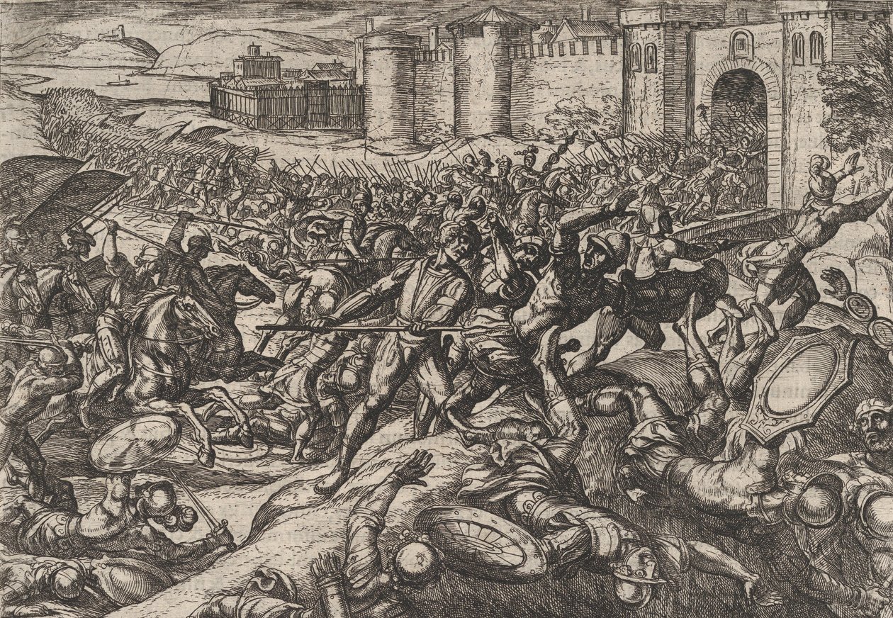 Tafel 9: Die Römer von den niederländischen Truppen bei Bonna besiegt, aus Der Krieg der Römer gegen..., 1611 von Antonio Tempesta