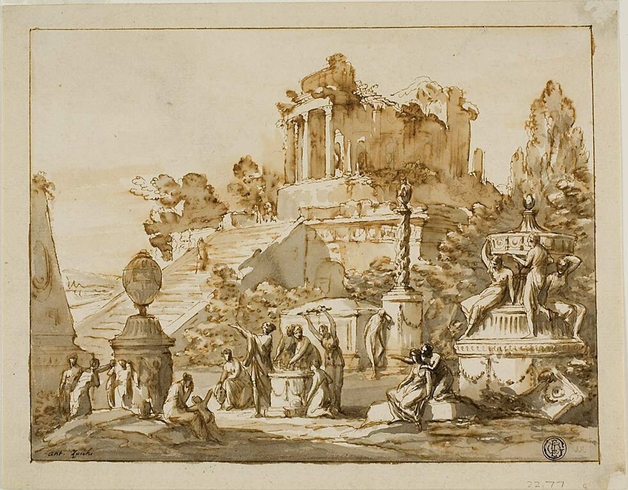 Klassische Landschaft mit Ruinentempel auf Hügel, weibliche Figuren darunter von Antonio Zucchi