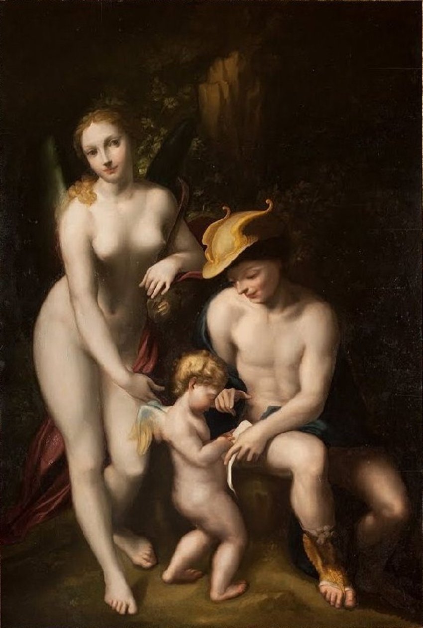 Venus mit Merkur und Amor, Die Schule der Liebe, von Antonio da Correggio, ausgestellt im Schloss Chenonceau. von Antonio da Correggio