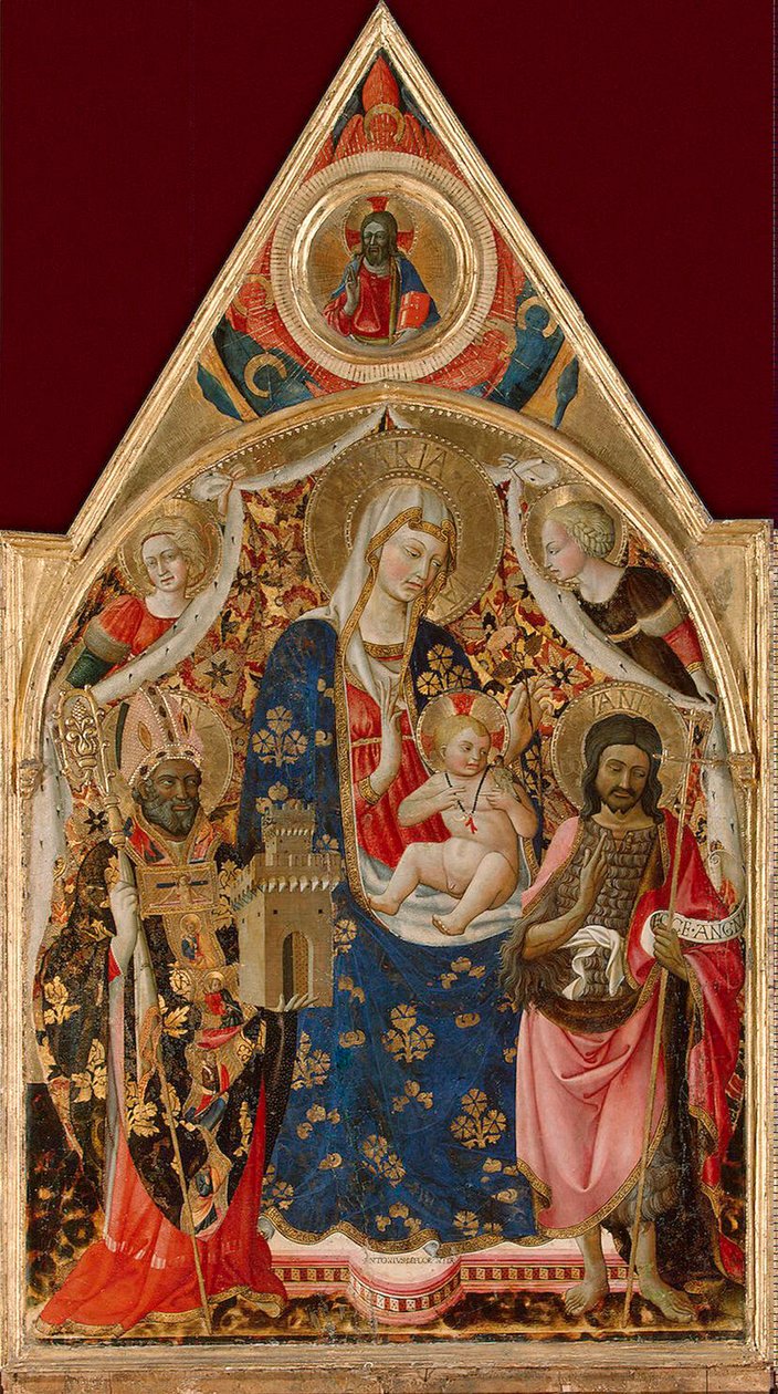 Madonna und Kind, mit einem Bischof, Johannes dem Täufer und Engeln, frühes 15. Jahrhundert von Antonio da Firenze