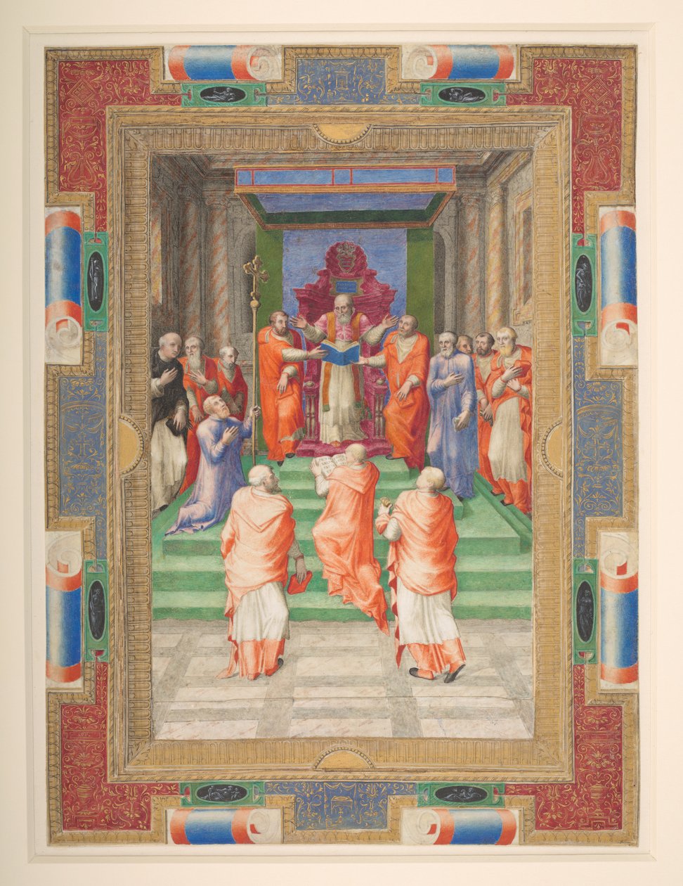 Eine päpstliche Zeremonie, Paul IV. steht vor dem päpstlichen Thron, Add. MS 35254 Q, ca. 1555-59 von Apollonio di Bonfratelli