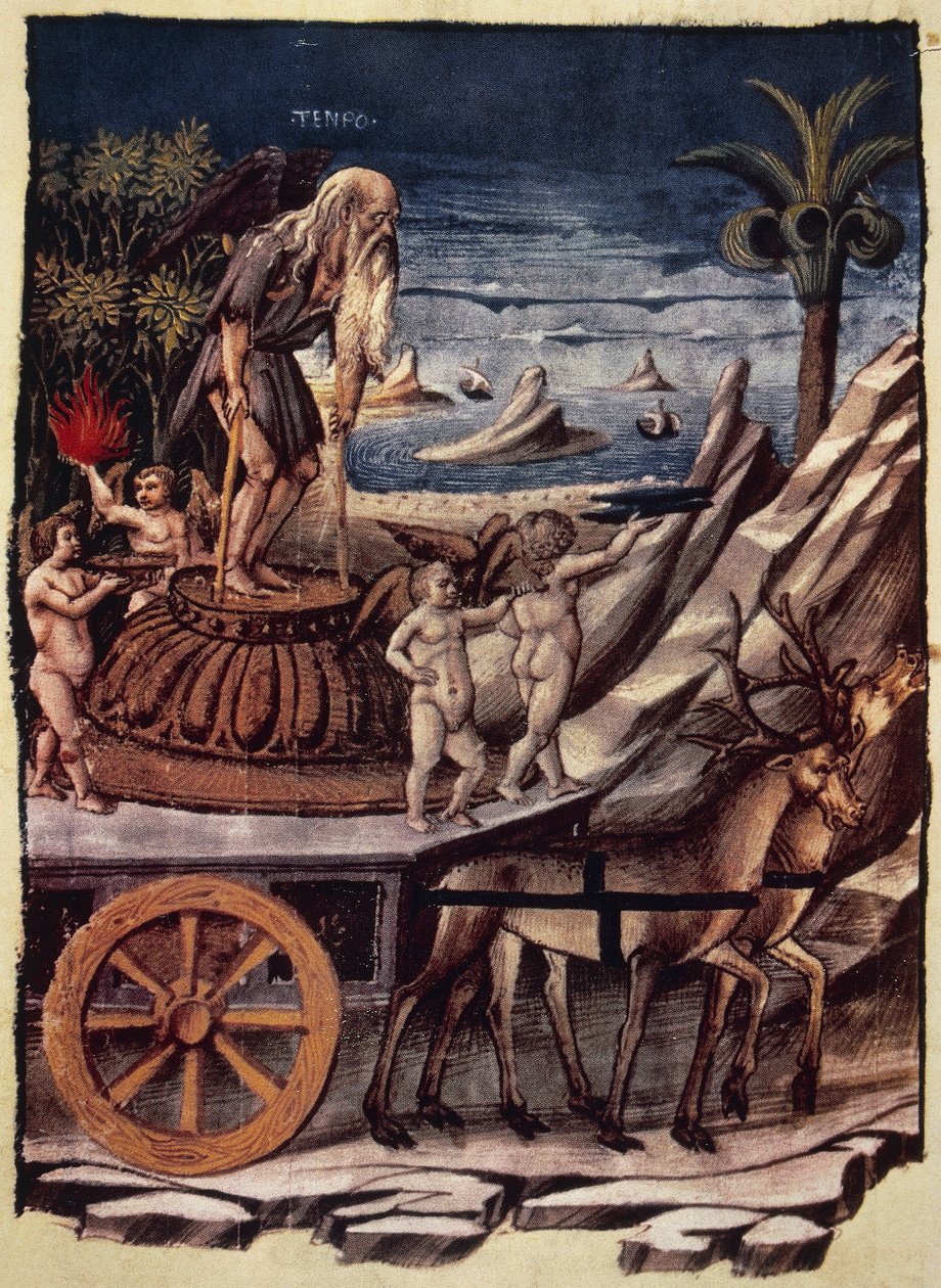 Der Triumph der Zeit, der Wagen der Zeit wird von Hirschen gezogen, Miniatur von Apollonio di Giovanni (1415 oder 1417-ca 1465) aus Triumphs, allegorisches Gedicht von Francesco Petrarca (1304-1374), Manuskript 1129, Folio 42, verso, Italien von Apollonio di Giovanni di Tommaso