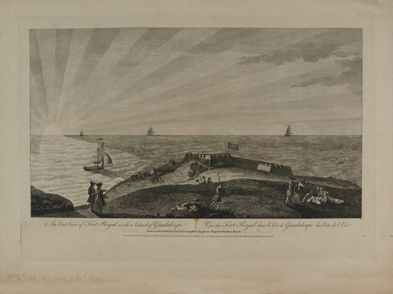 Ostansicht von Fort Royal auf der Insel Guadeloupe, graviert von Peter Mazell, veröffentlicht um 1759 von Archibald Campbell