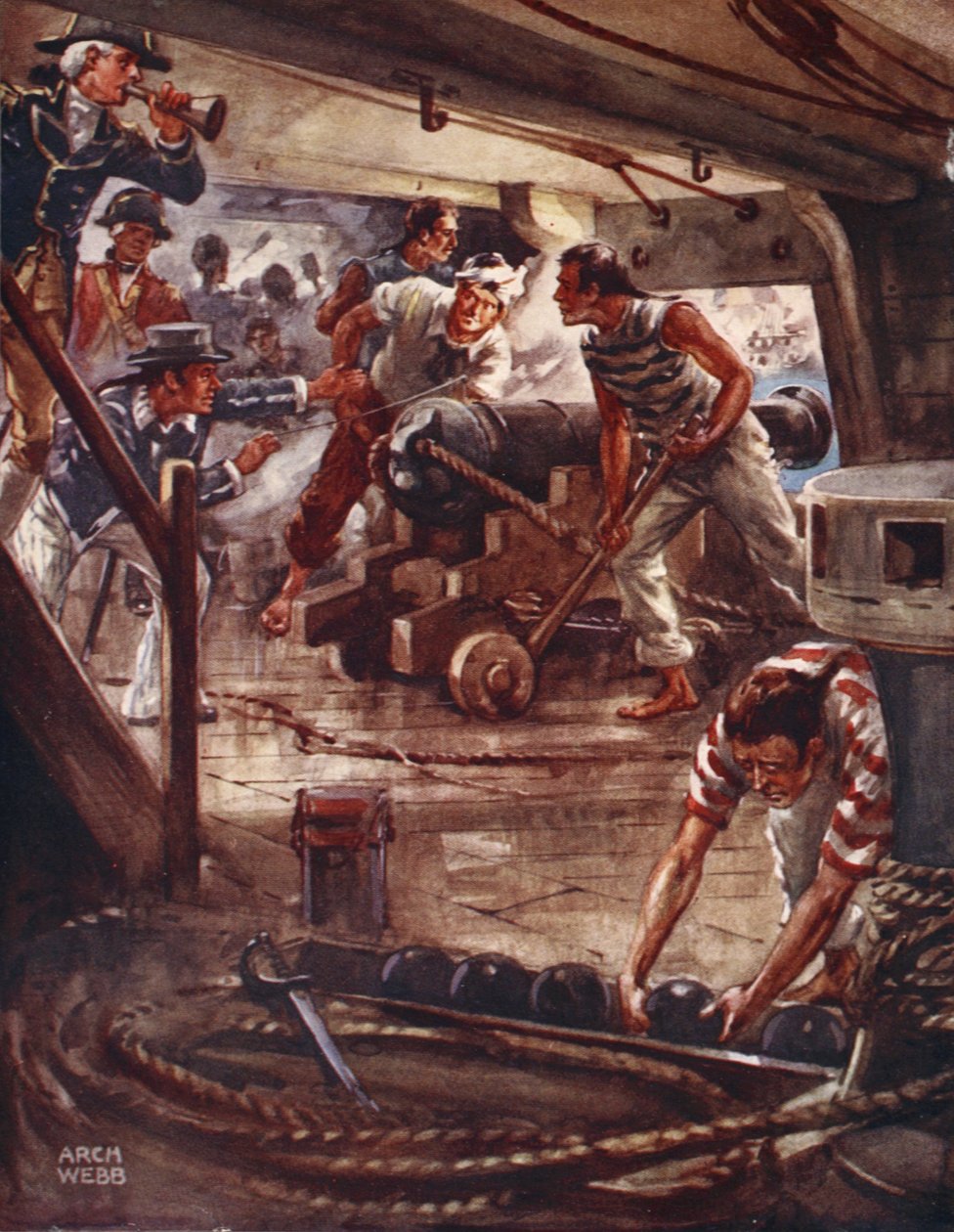 Jede Kanone von ihren adamantinischen Lippen verbreitete einen Todesschatten um die Schiffe, aus Balladen berühmter Kämpfe, Erstausgabe, 1920 von Archibald Webb