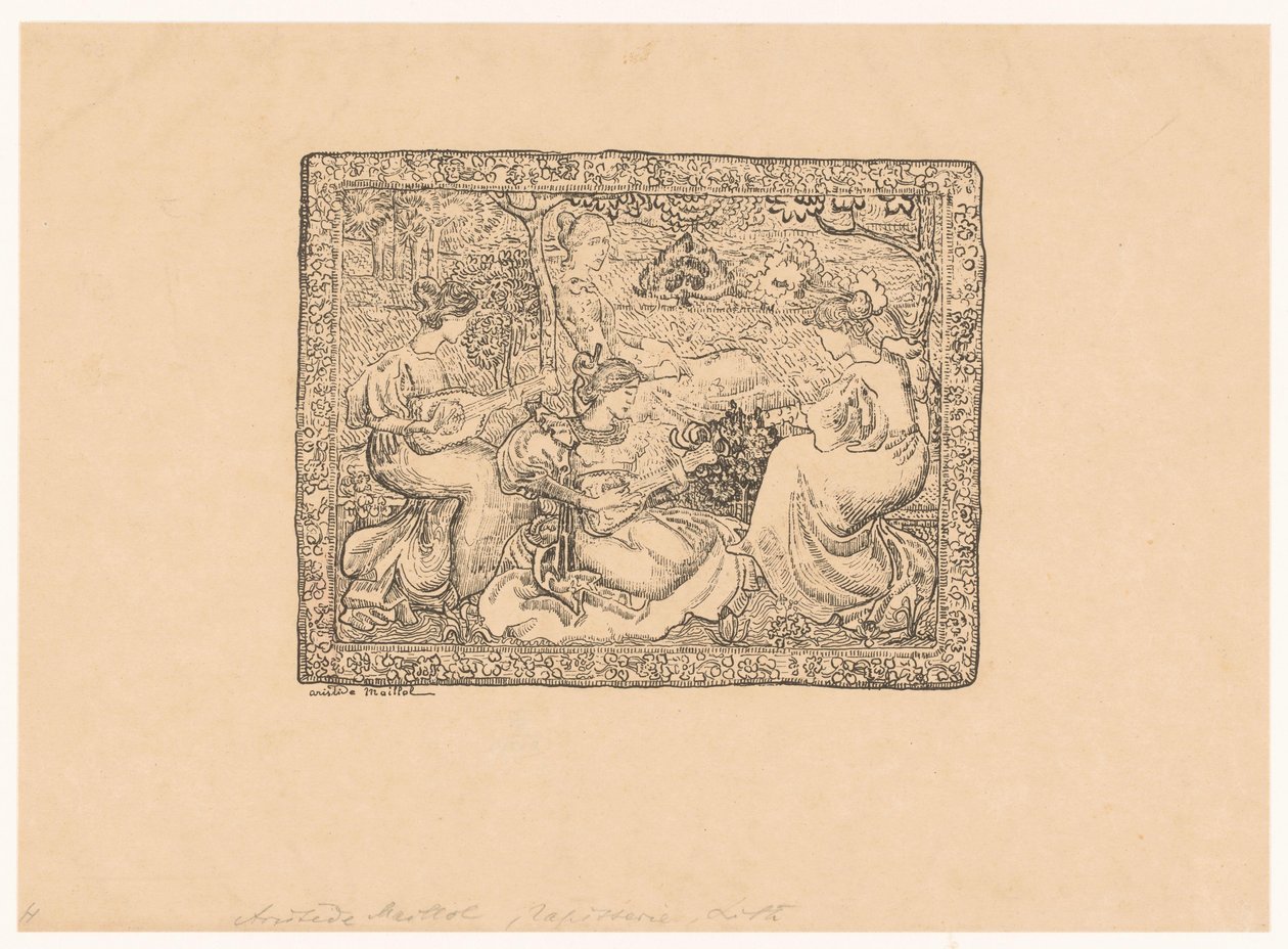 Wandteppich mit vier musizierenden Frauen in Landschaft von Aristide Maillol