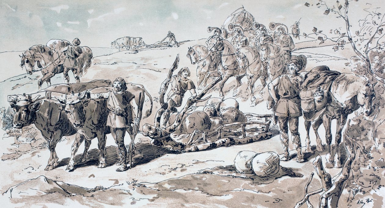 Ochsen ziehen einen primitiven Schlitten beladen mit Steinen, 1886 von Armand Jean Heins
