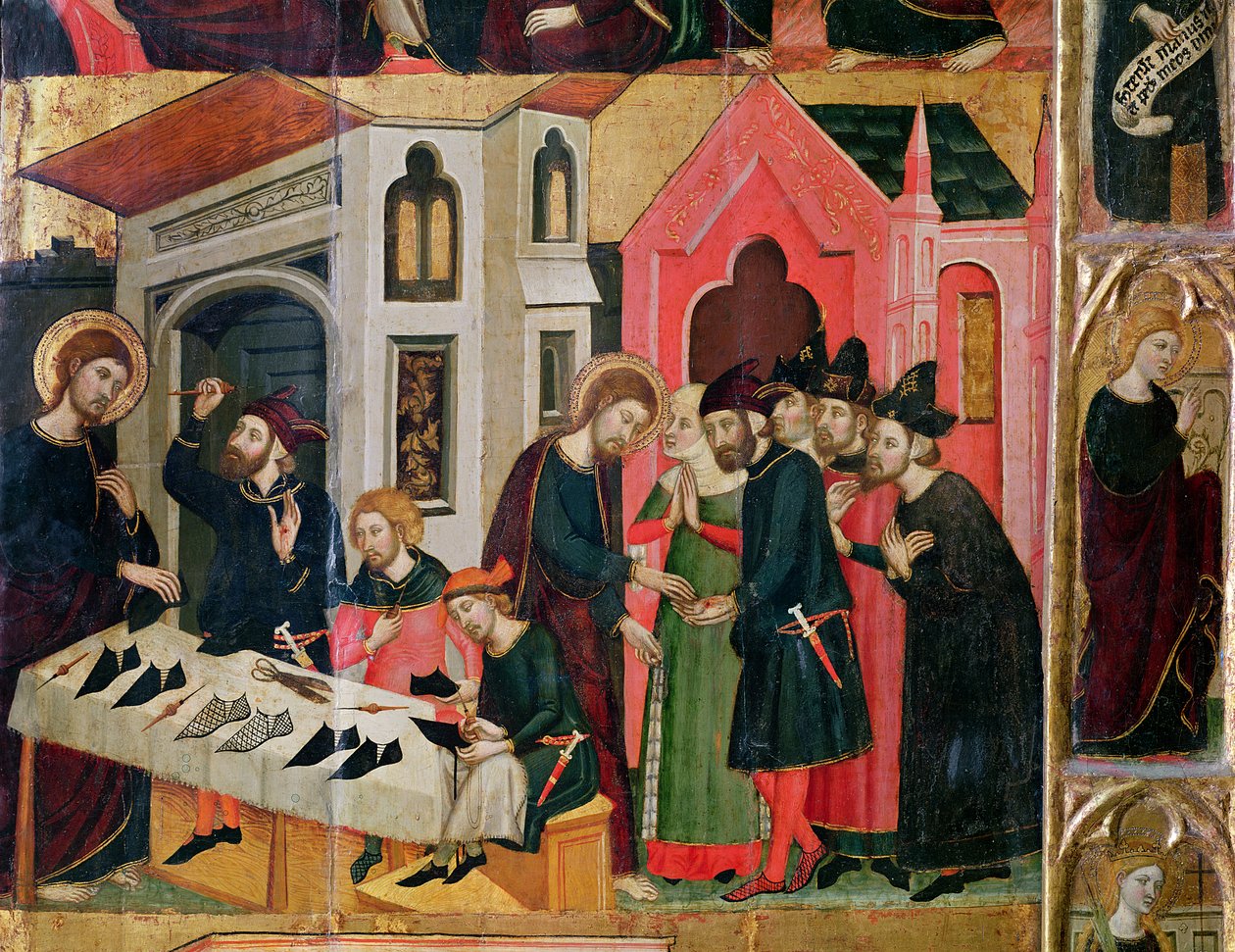 Der Altar von SS. Markus und Ania, Detail eines Schusterstandes, Katalanische Schule, 1346 von Arnau Bassa