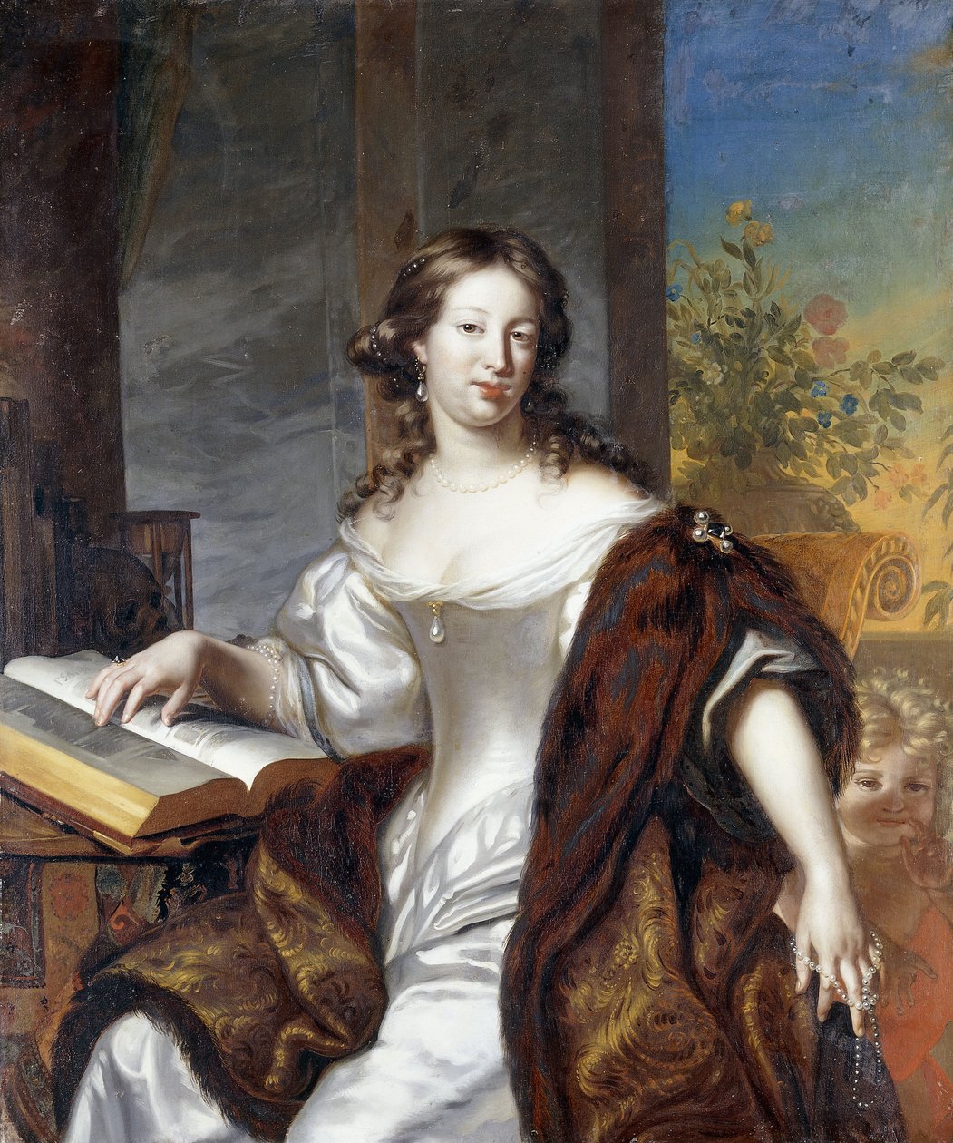 Porträt einer Dame, sitzend, dreiviertel Länge, in einem weißen Kleid und einem pelzgefütterten Umhang von Arnold Boonen