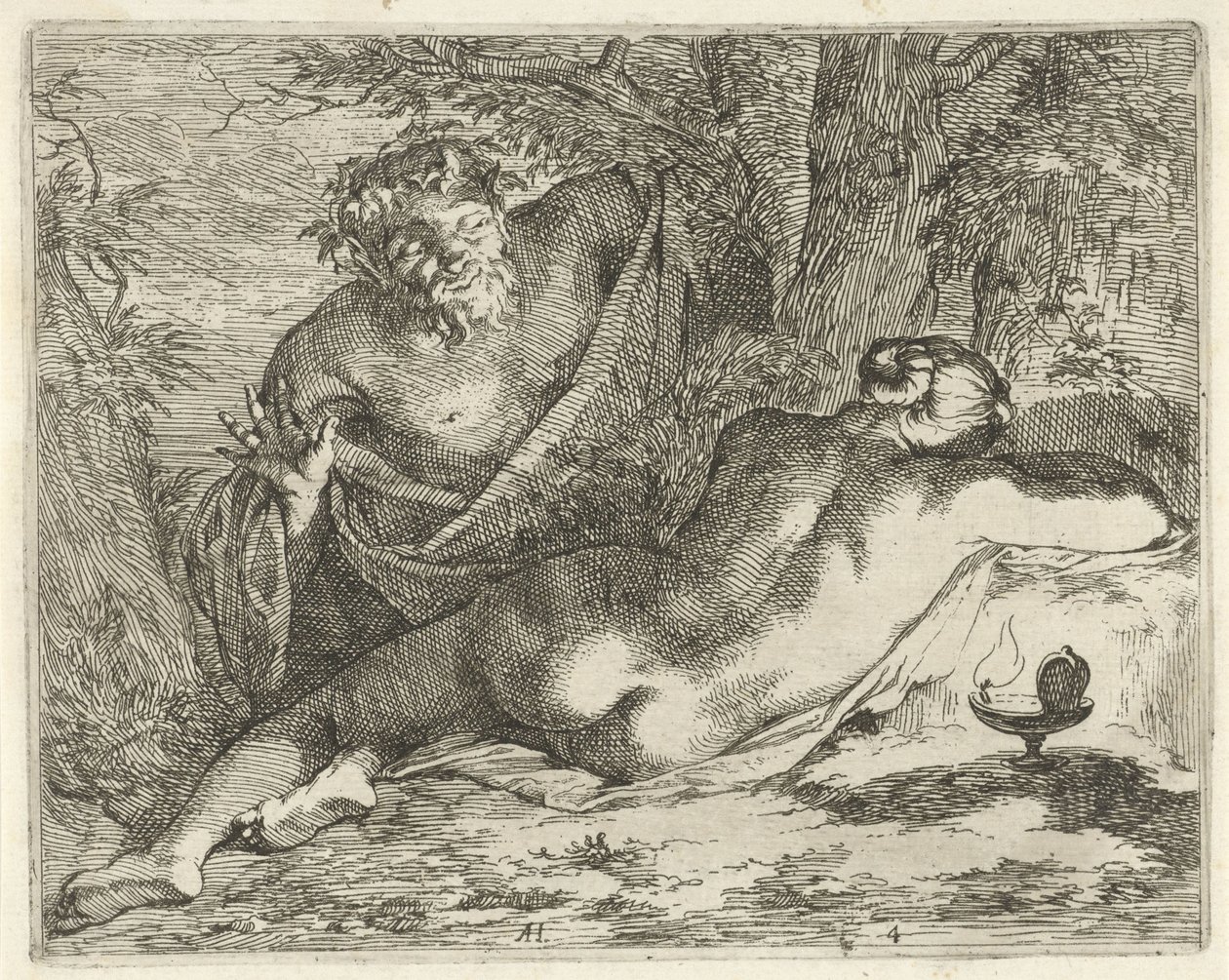 Schlafende Nymphe von einem Satyr beobachtet von Arnold Houbraken