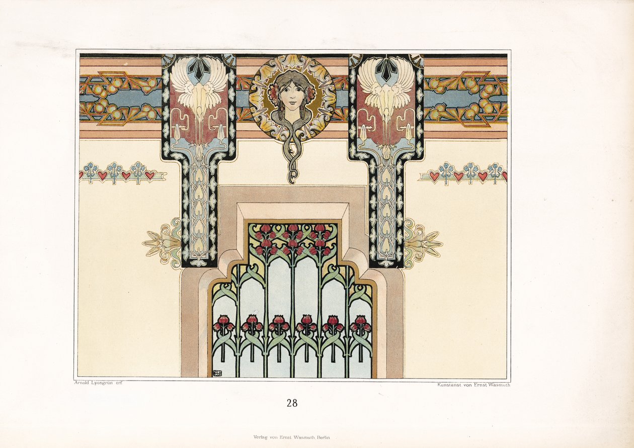 Jugendstil Wanddekoration mit Iris und figuralem Design von Arnold Lyongrün