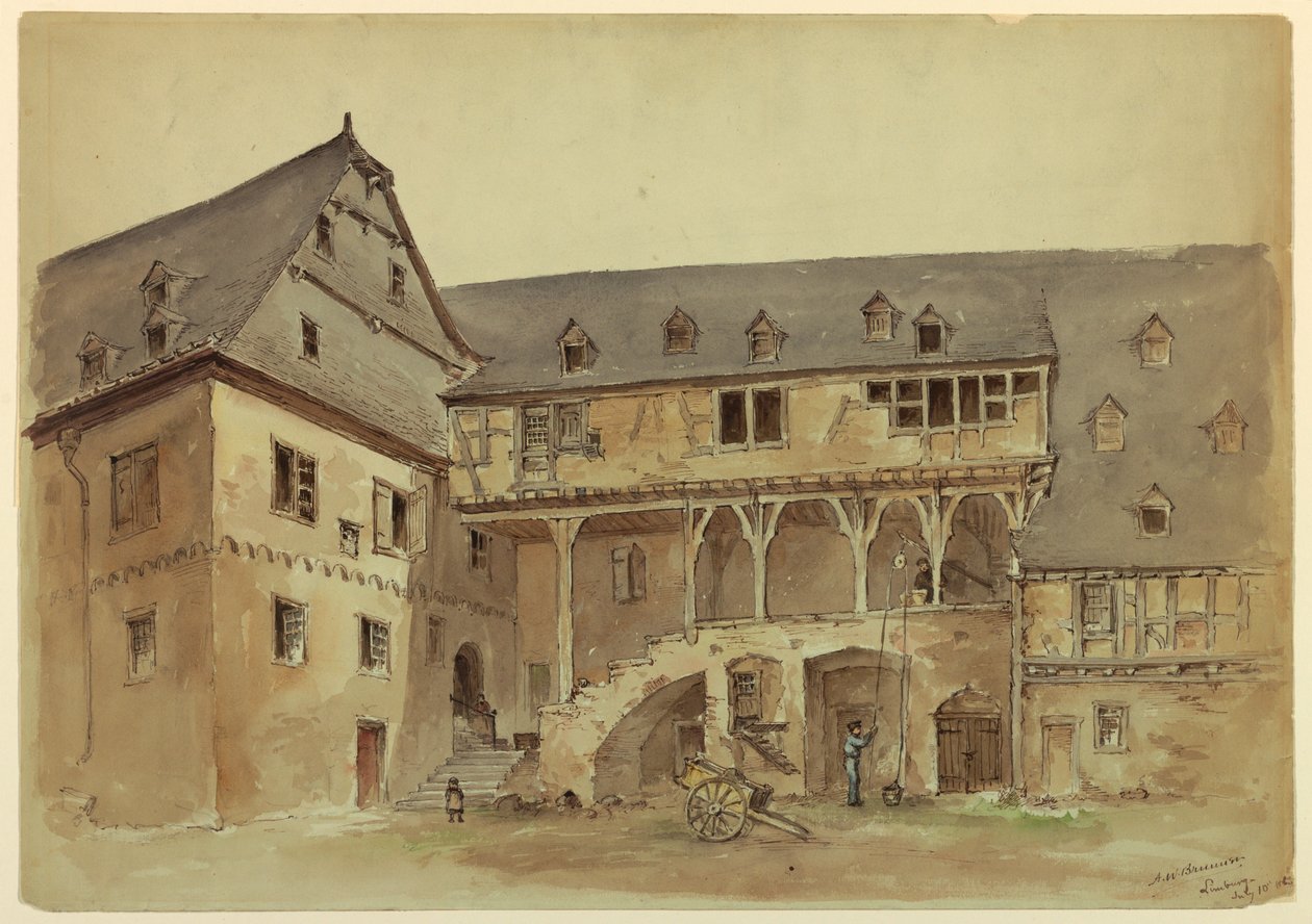 Zeichnung, Hof eines mittelalterlichen Herrenhauses, ca. 1889 von Arnold William Brunner