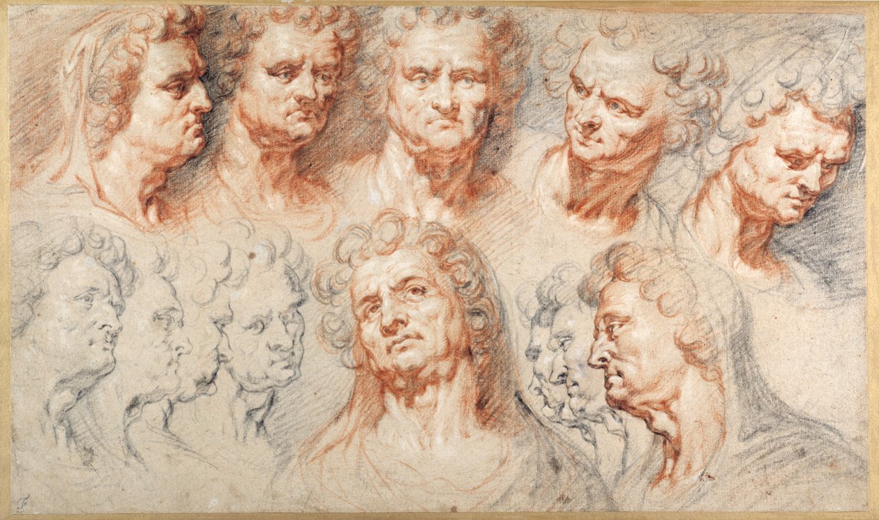 Dreizehn Studien basierend auf einem römischen Kaiserhaupt (Schwarze & rote Kreiden mit brauner Tinte auf weißem Papier) von Arnold or Artus the Elder Quellin I
