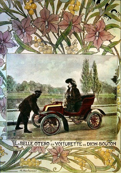 La Belle Otero am Steuer eines De Dion-Bouton Autos, ca. 1900 von Arsene Herbinier