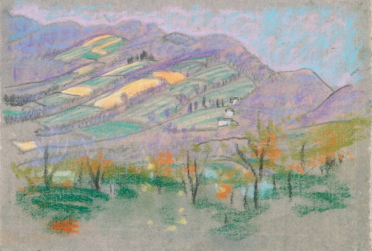 Landschaft mit violetten Bergen aus dem Buch von A.B. Davies, Ausgabe -50, 50 von Arthur Bowen Davies