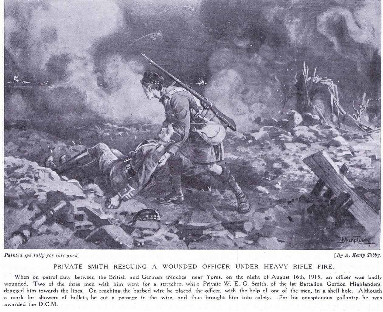 Private Smith rettet einen verwundeten Offizier unter schwerem Beschuss, ausgezeichnet mit DCM Ypern August 1915 von Arthur Kemp Tebby
