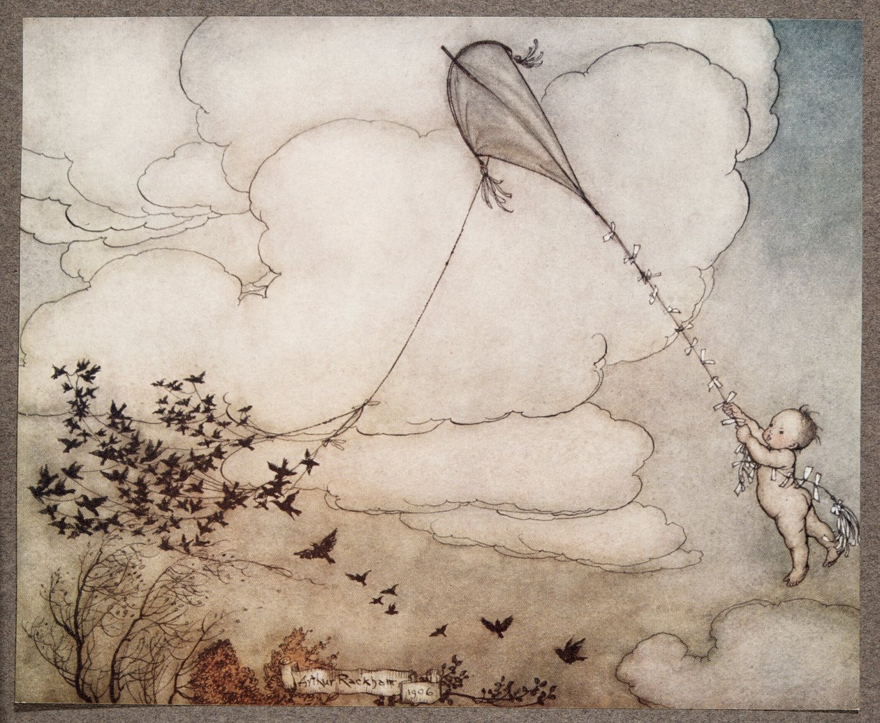 Hundert flogen mit der Schnur davon, und Peter klammerte sich an den Schwanz (aus Peter Pan in Kensington Gardens von J. M. Barrie) von Arthur Rackham