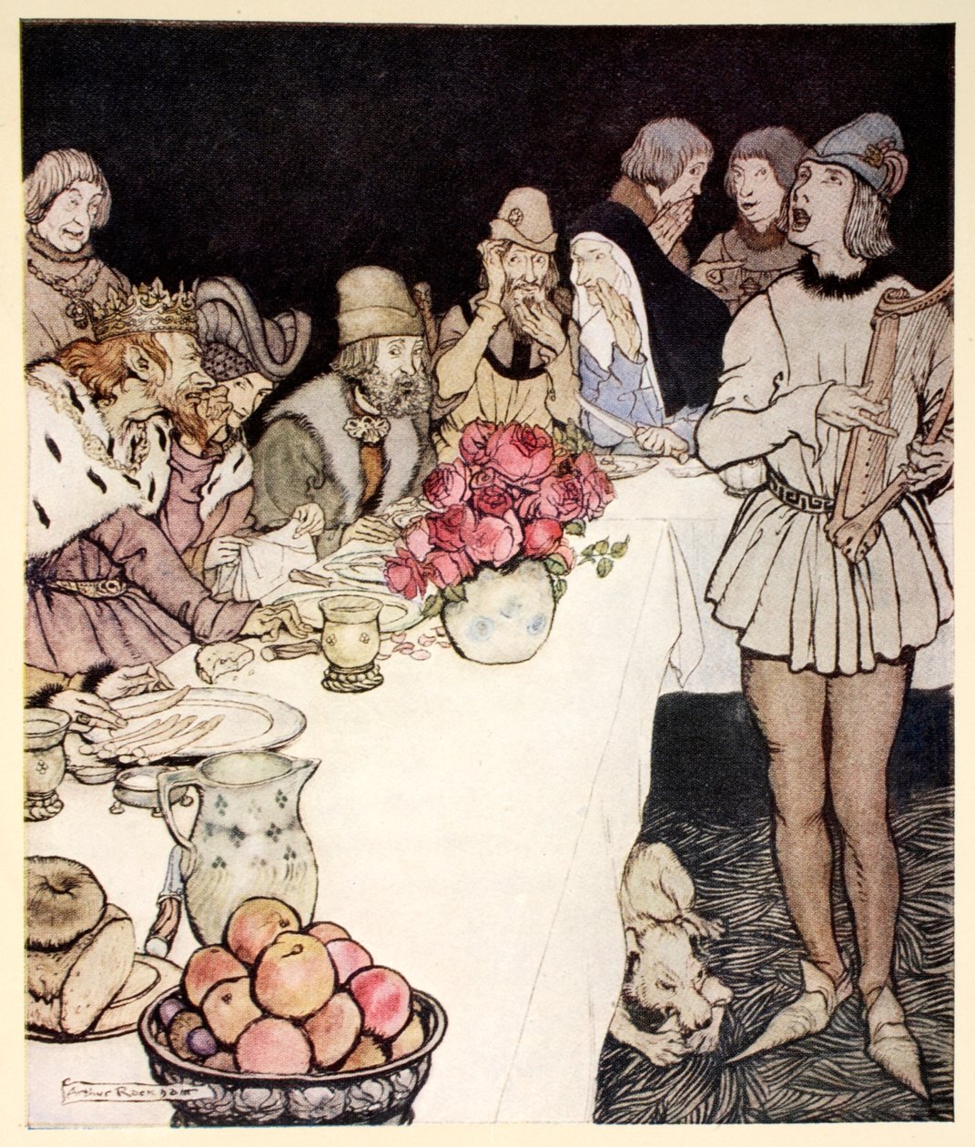 Wie bei einem großen Fest, das König Mark veranstaltete, Eliot der Harfenspieler kam und das Lied sang, das Dinalan gemacht hatte, Illustration aus 