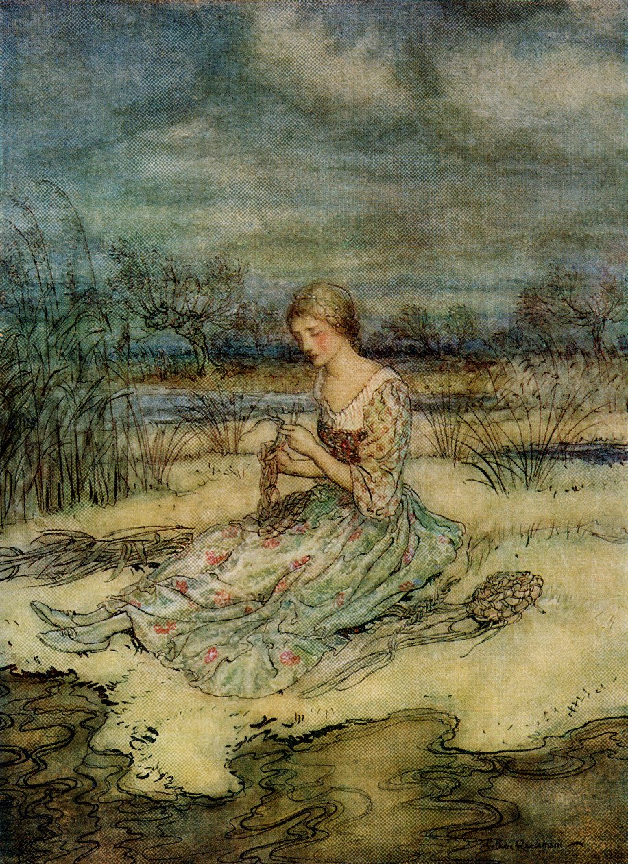 Sie setzte sich und flocht sich eine Schürze aus Binsen und eine passende Mütze, aus Englische Märchen nacherzählt von F.A. Steel, 1927 von Arthur Rackham