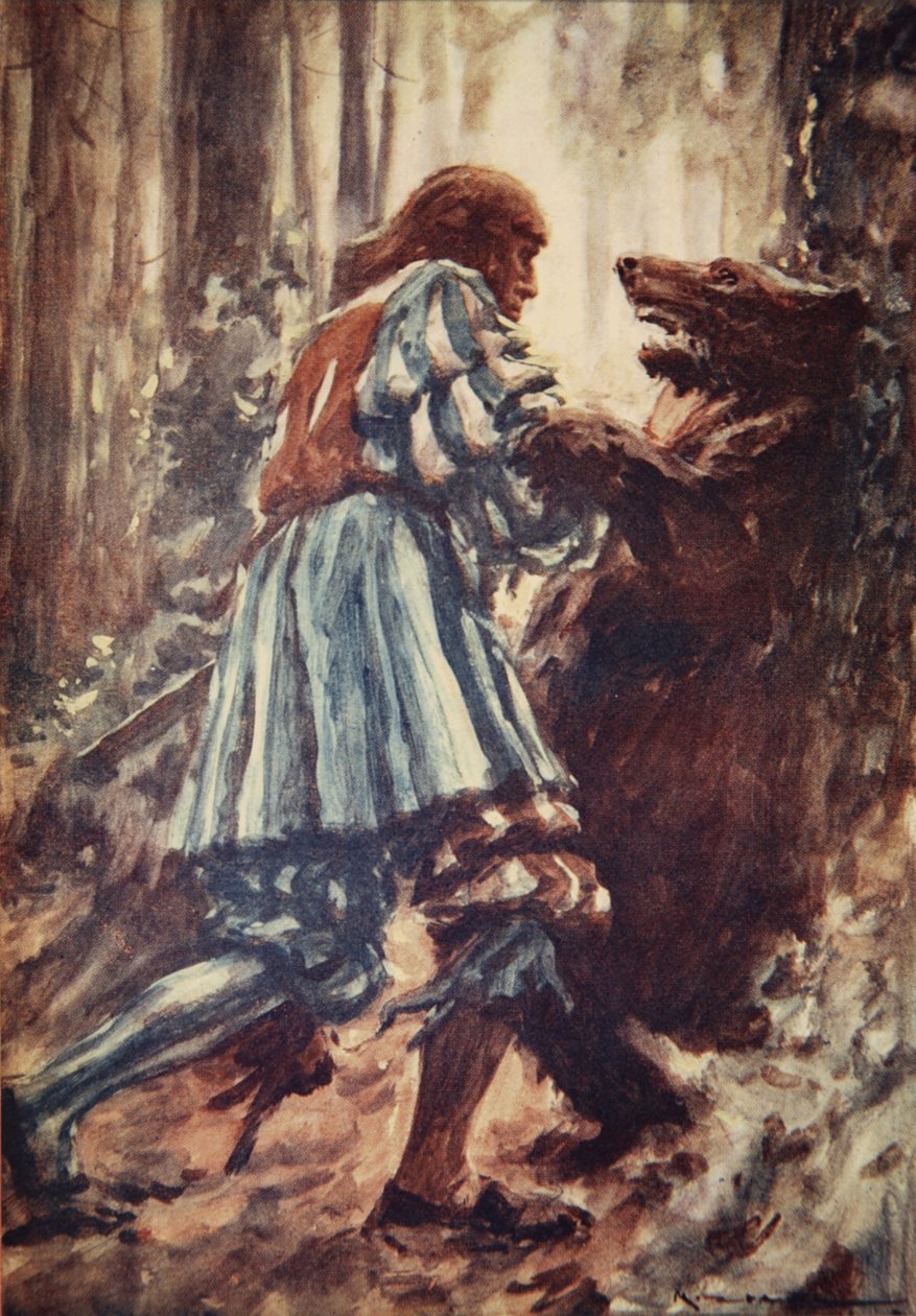 Einmal, als er von einer Bärin angegriffen wurde, erwürgte er sie mit bloßen Händen, Illustration aus 
