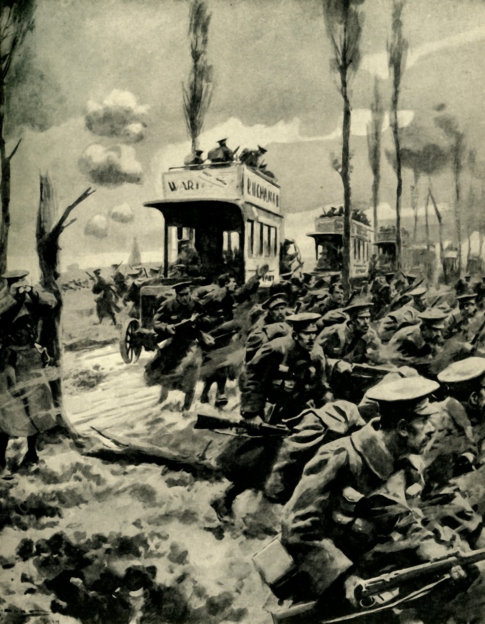 Londoner Busse zum Truppentransport an die Front, Erster Weltkrieg, 1914-1918 von Arthur C. Michael